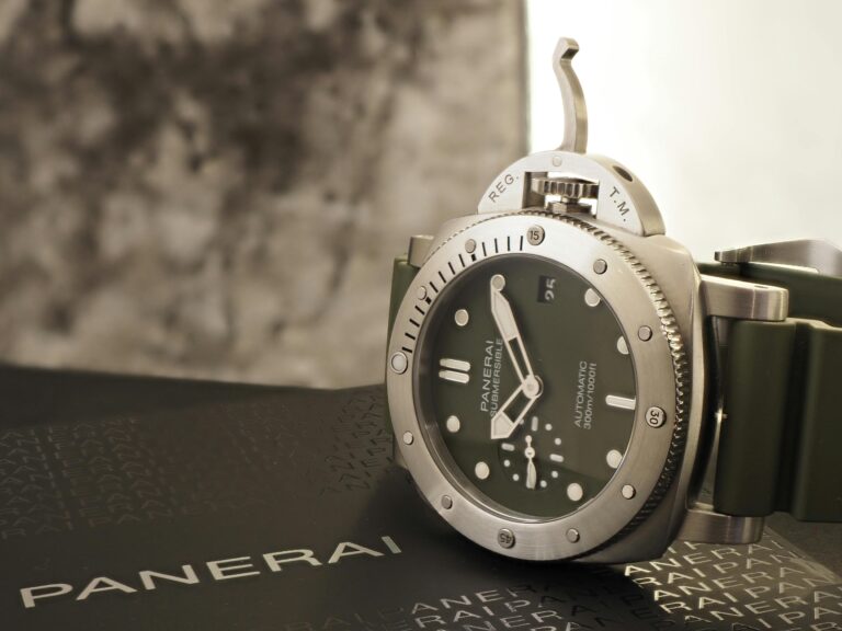 Close-up shot of a luxury Panerai watch with a sleek steel design, emphasizing precision and style.
